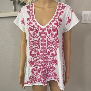 JOHNNY WAS LosAngeles White Pink Cotton Knit Embroidered Geometric Top Tunic XL